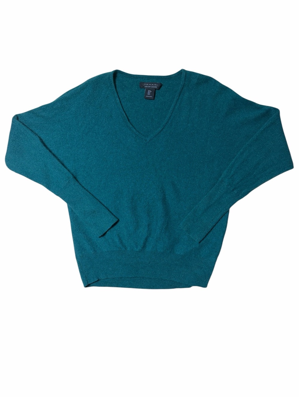 Tahari Peacock Green 100% 2 Ply Cashmere V Neck Sweater Womens M